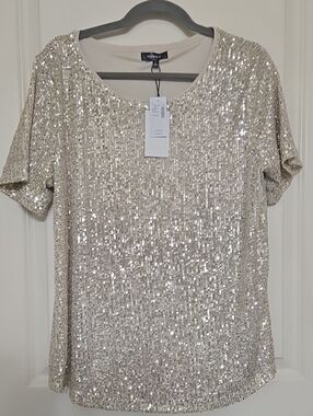 Studio Y Champagne Sequin Short Sleeve Tee